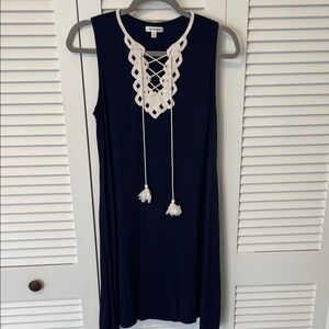 Max Studio Navy Sleeveless Dress with White Crochet Tie Neck
